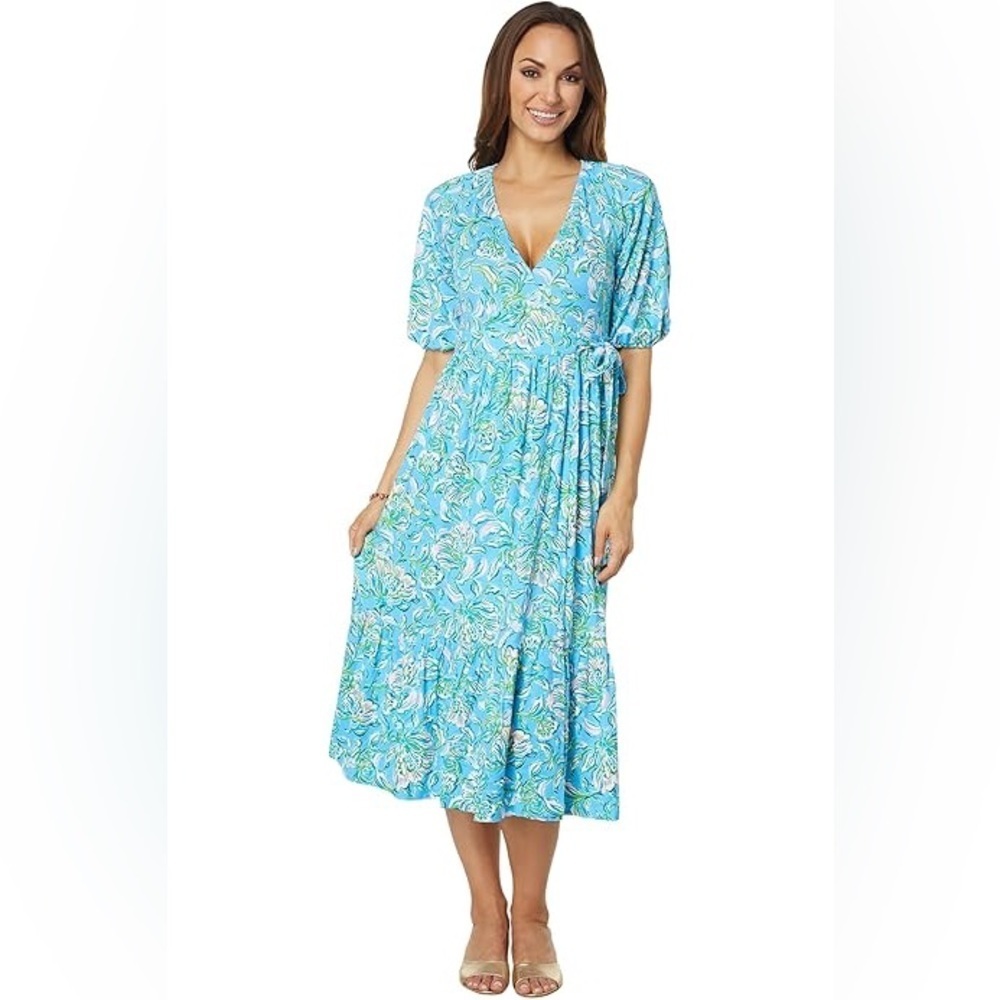 EUC Lilly Pulitzer‎ Brantley Midi Wrap Dress Blue Chick Magnet Medium